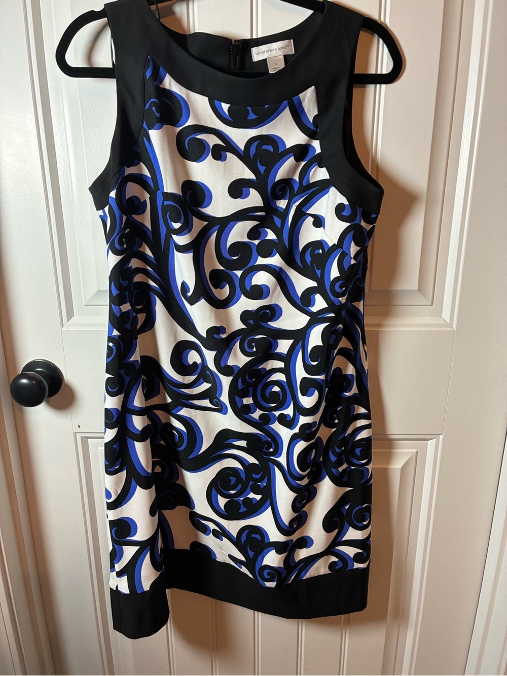 Christopher & Banks Black, White & Blue Scroll-Print Sheath Dress